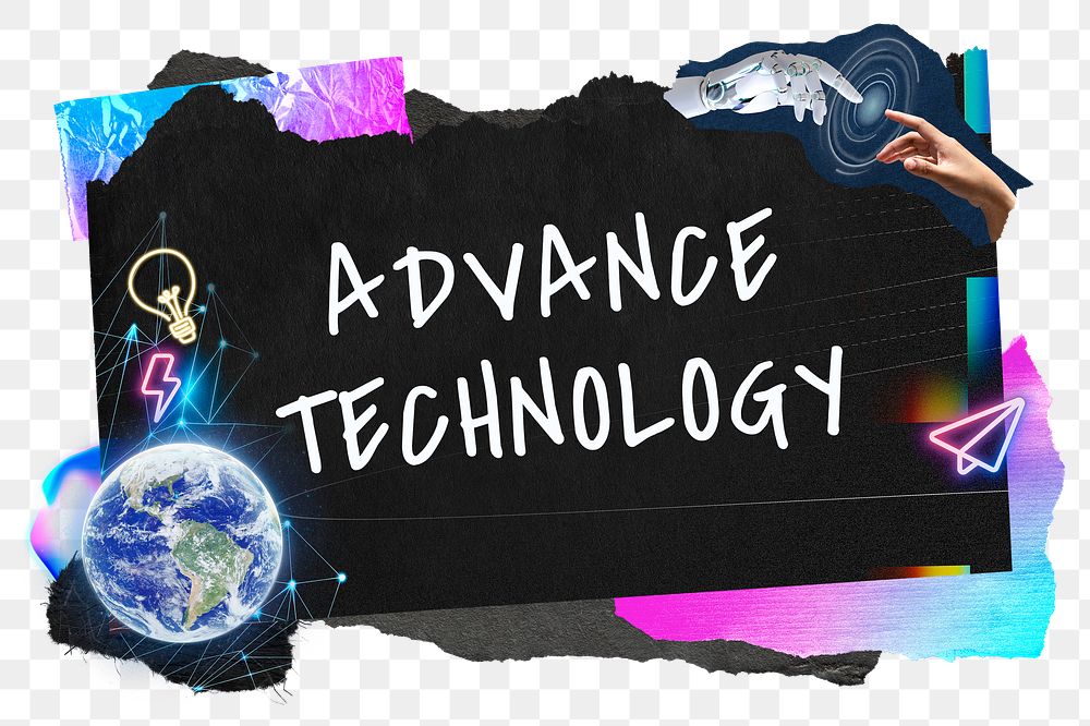 Advance technology png word sticker typography, neon aesthetic paper collage, transparent background