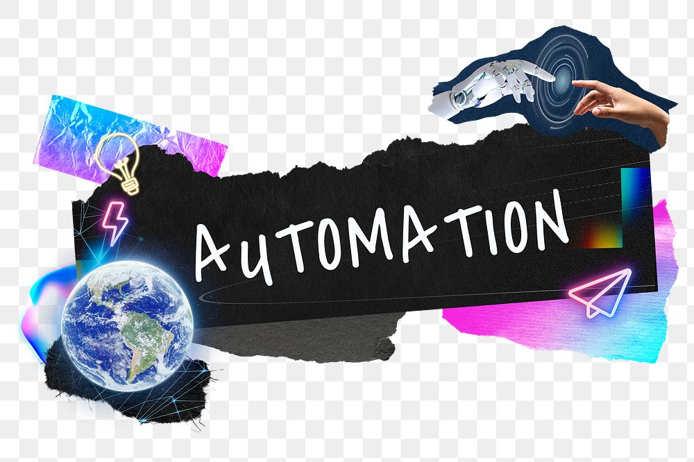 Automation png word sticker typography, technology neon paper collage, transparent background