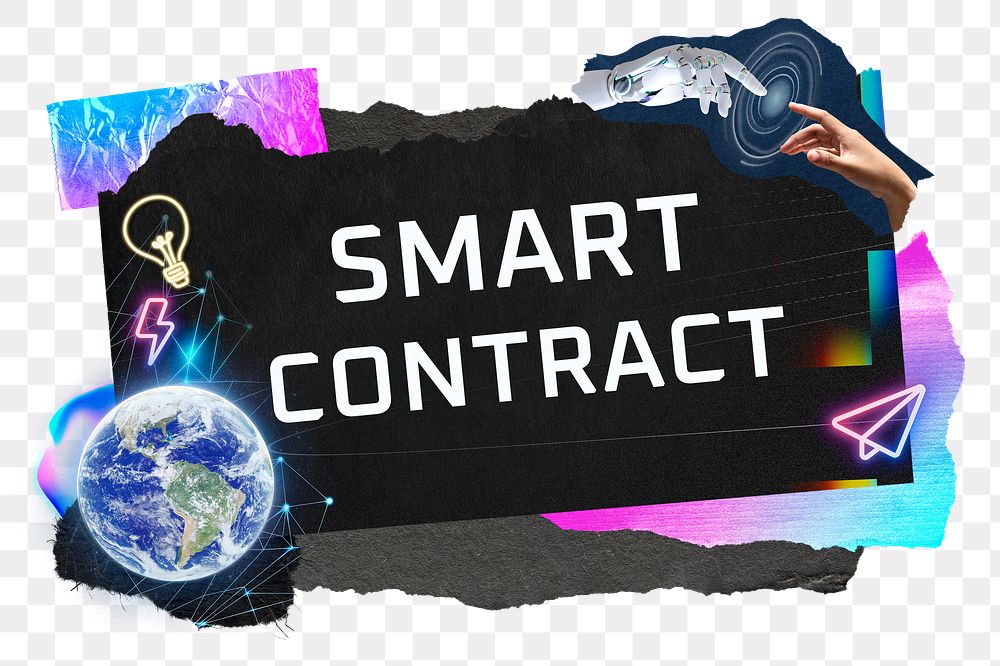 Smart contract png word sticker typography, technology neon paper collage, transparent background
