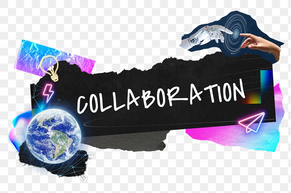 Collaboration png word sticker typography, technology neon paper collage, transparent background
