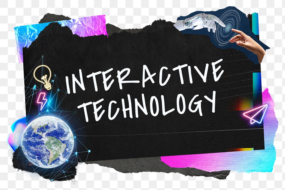 Interactive technology png word sticker typography, neon aesthetic paper collage, transparent background