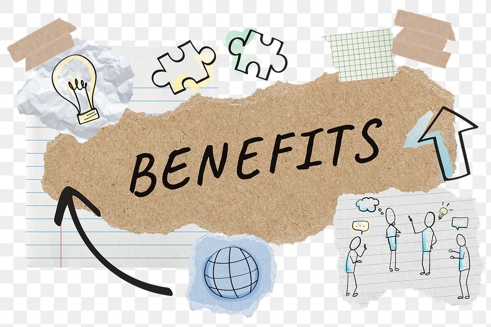Benefits png word sticker typography, business doodle, paper collage, transparent background