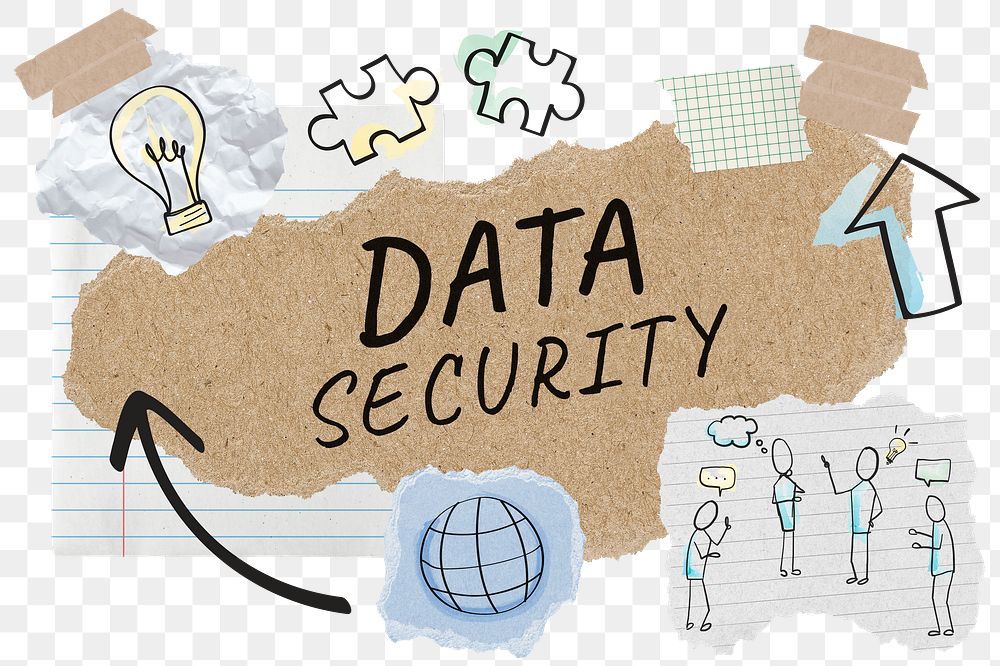 Data security png word sticker typography, business doodle, paper collage, transparent background
