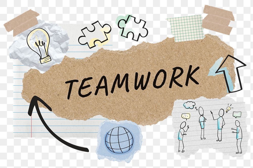 Teamwork png word sticker typography, business doodle, paper collage, transparent background