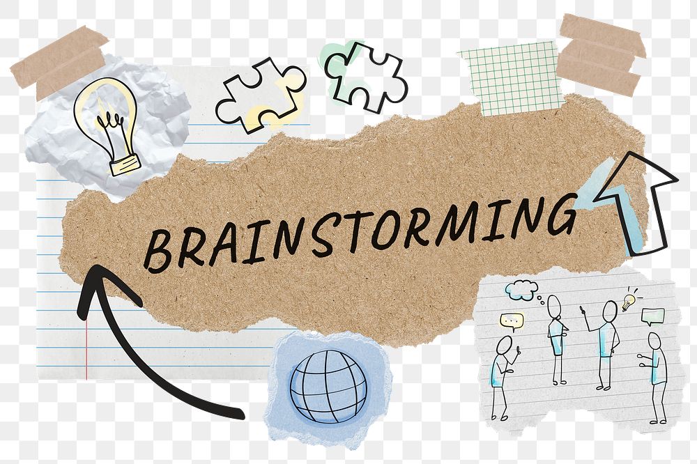 Brainstorming png word sticker typography, business doodle, paper collage, transparent background