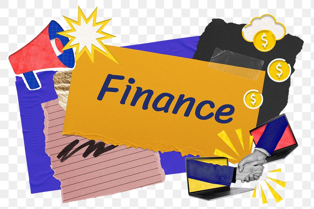 Finance png word sticker typography, colorful business paper collage, transparent background