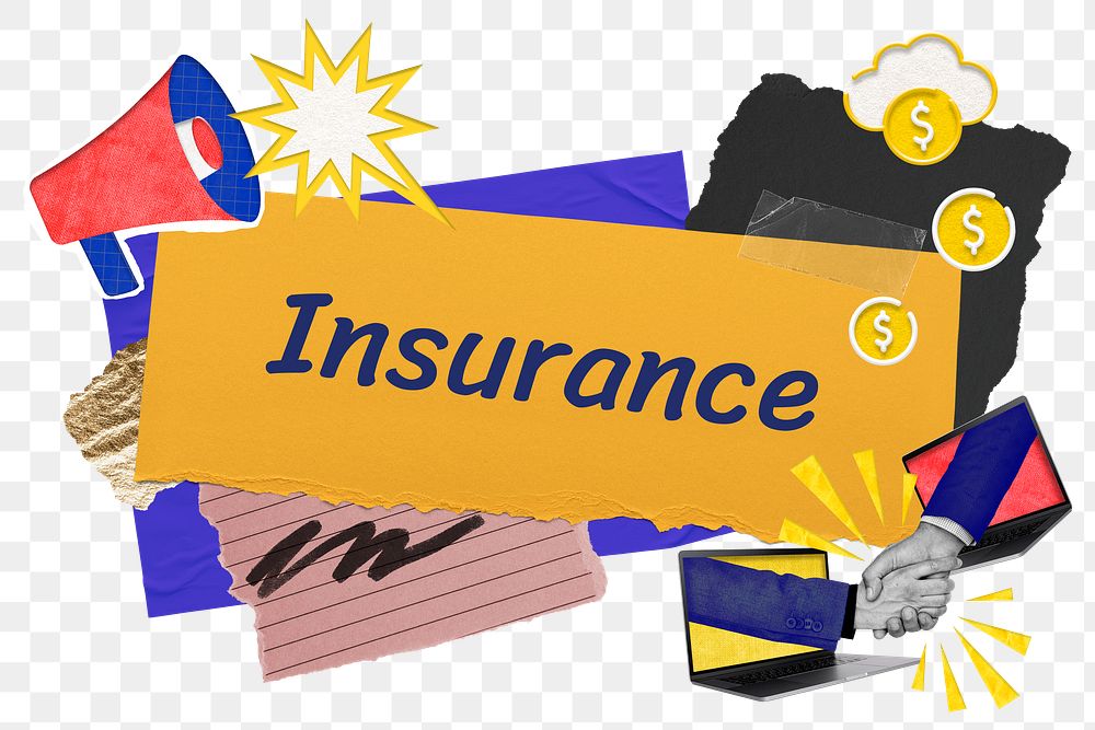 Insurance png word sticker typography, colorful business paper collage, transparent background