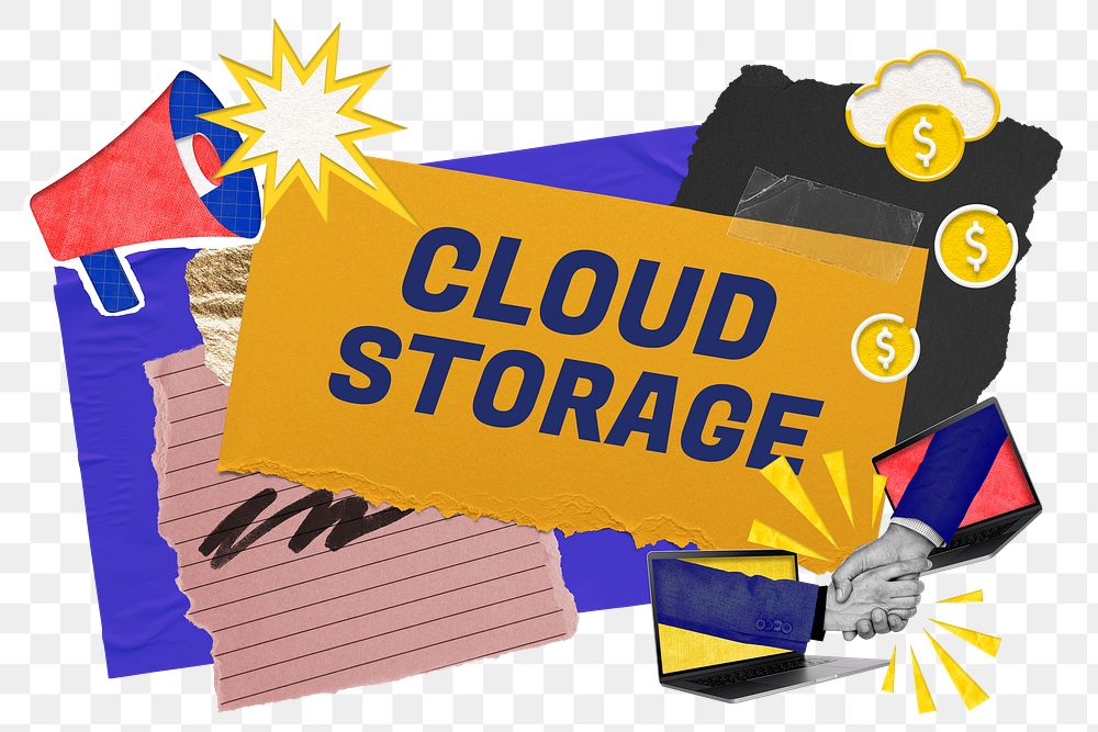 Cloud storage png word sticker typography, colorful business paper collage, transparent background