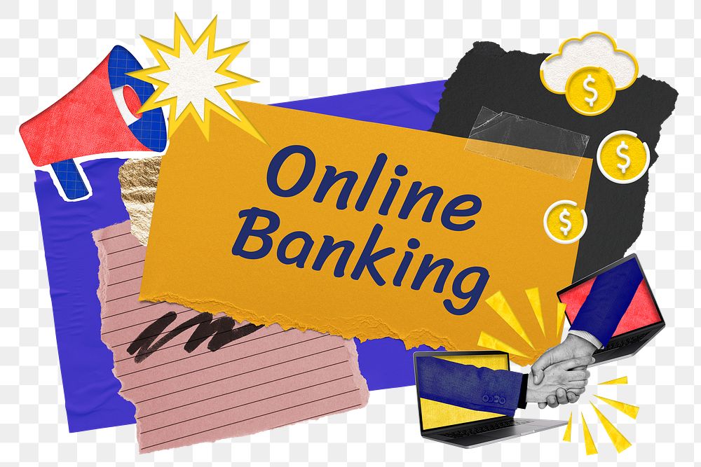 Online banking png word sticker typography, colorful business paper collage, transparent background