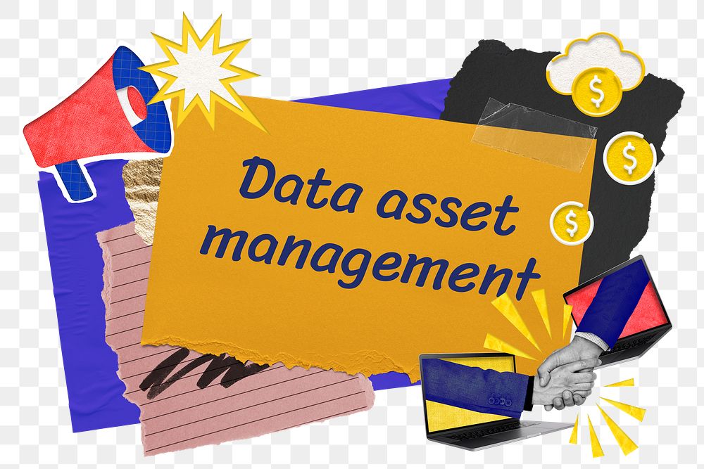 Data asset management png word sticker typography, colorful business paper collage, transparent background