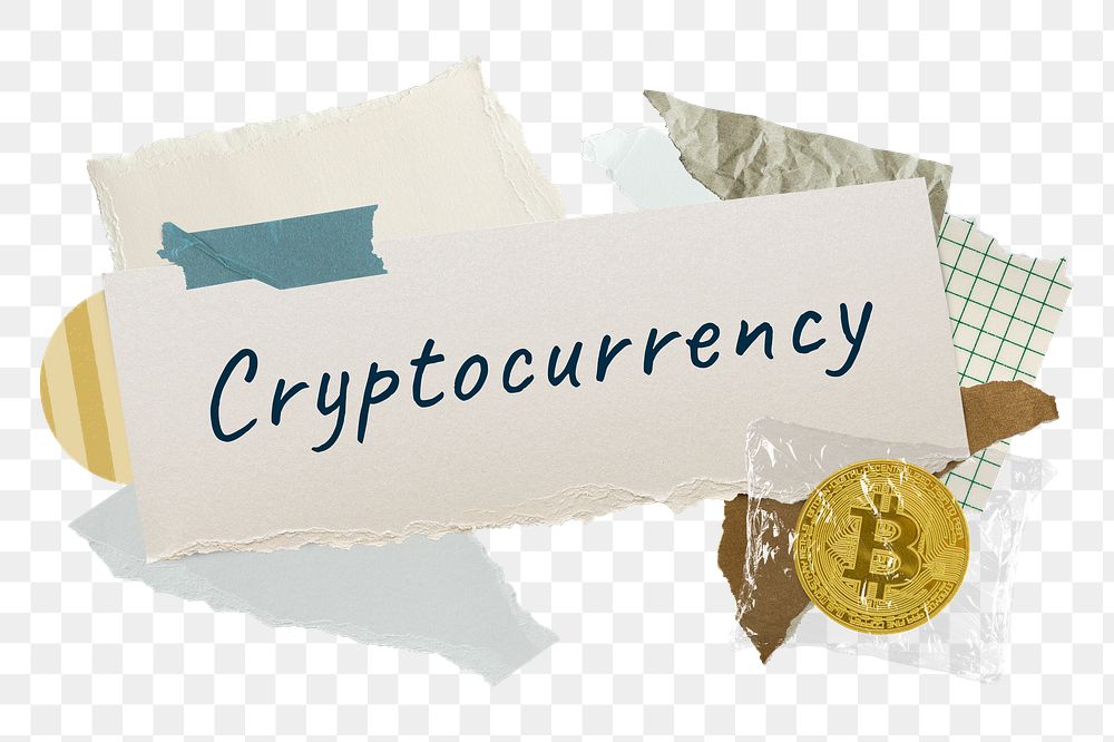 Cryptocurrency png word sticker typography, finance aesthetic paper collage, transparent background