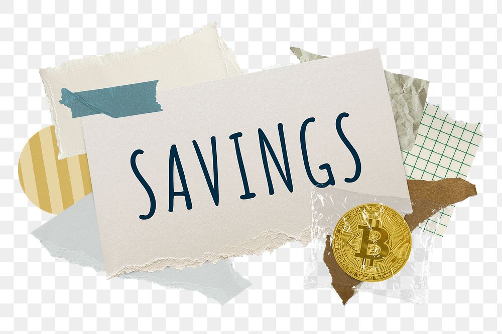 Savings png word sticker typography, finance aesthetic paper collage, transparent background