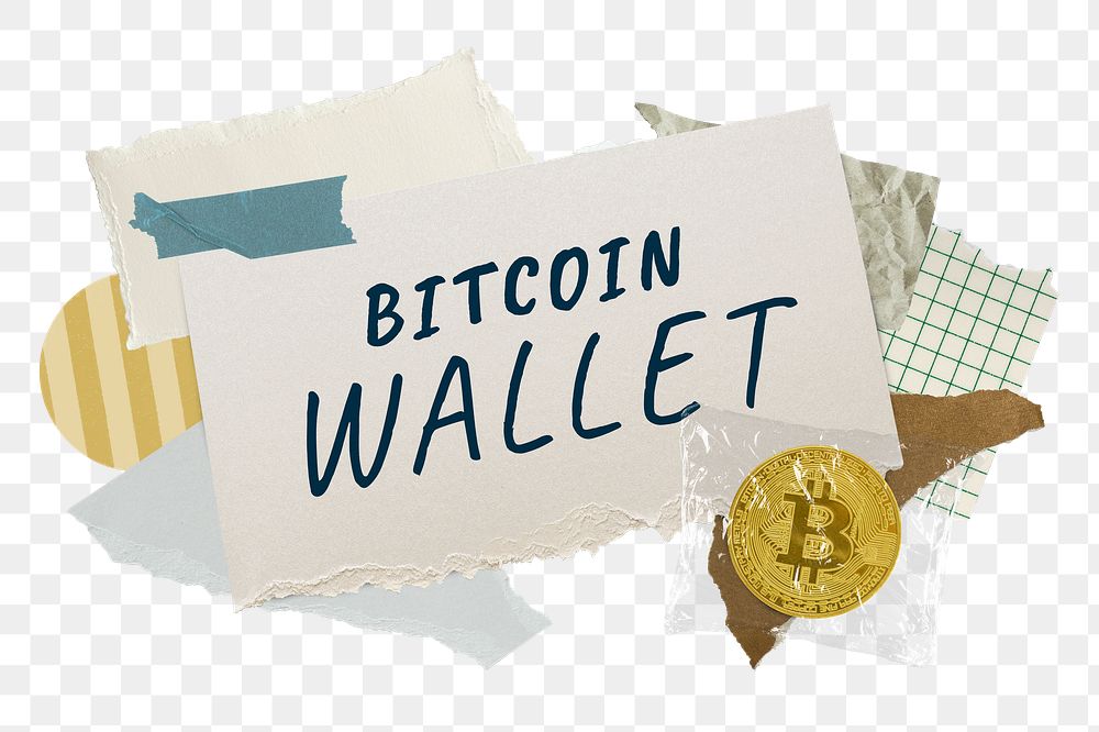 Bitcoin wallet png word sticker typography, finance aesthetic paper collage, transparent background