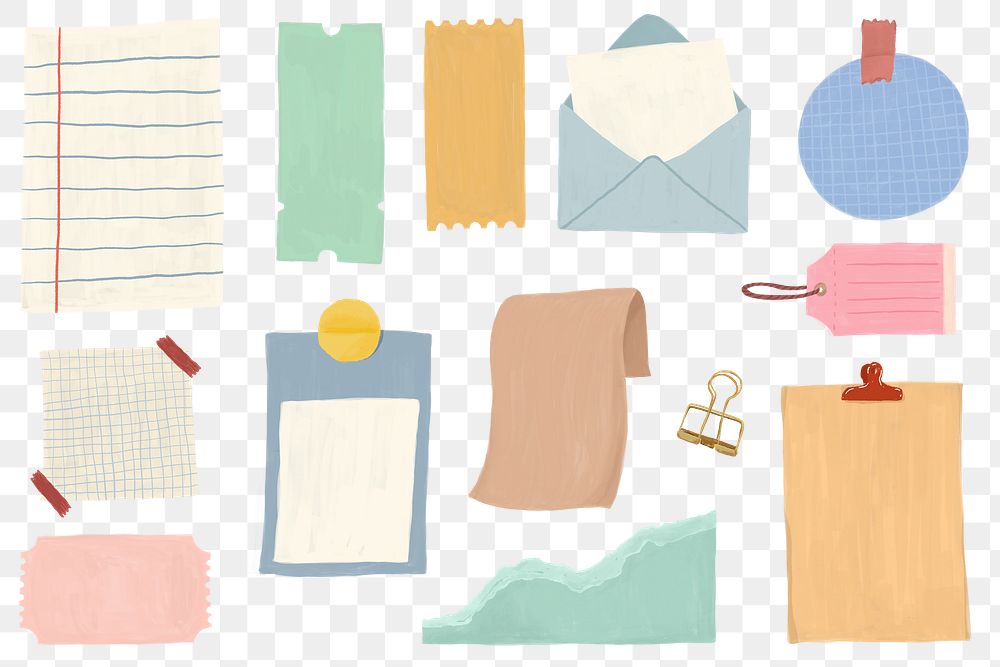 Office stationery png sticker, note paper set on transparent background