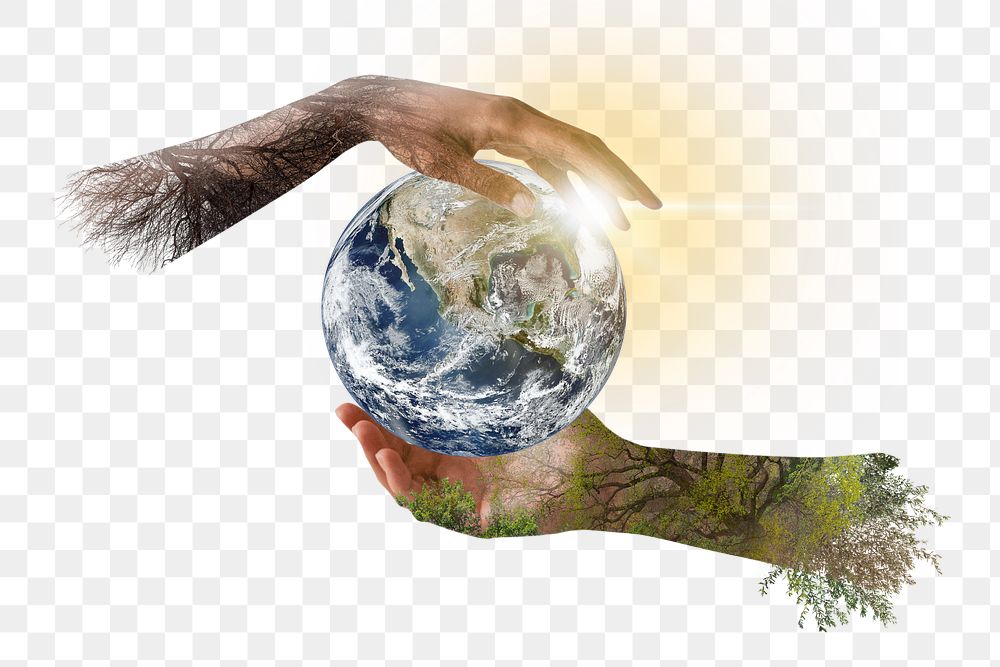 Hands holding globe png sticker, save the earth remixed media, transparent background