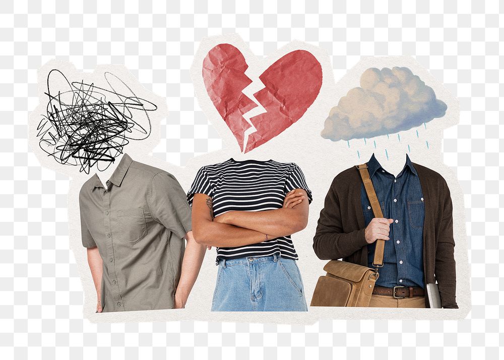 Depressed head png people, creative mental health remixed media, transparent background