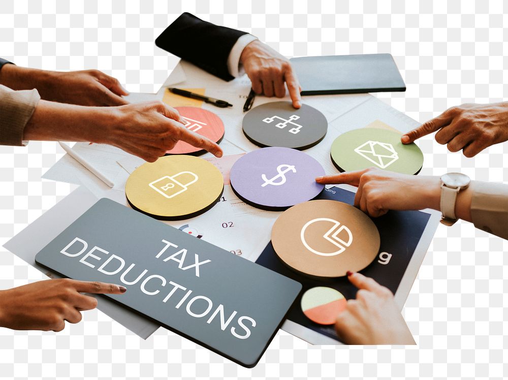Tax deductions png word business people cutout on transparent background