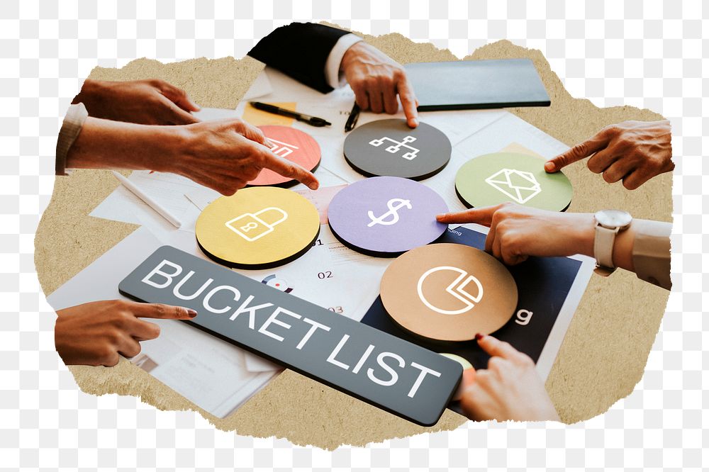 Bucket list  png word business people cutout on transparent background