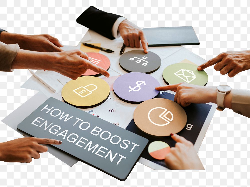 How to boost engagement   png word business people cutout on transparent background