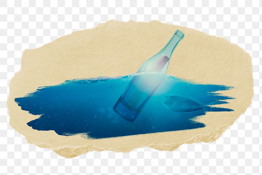 Bottle in ocean png sticker, ripped paper, transparent background