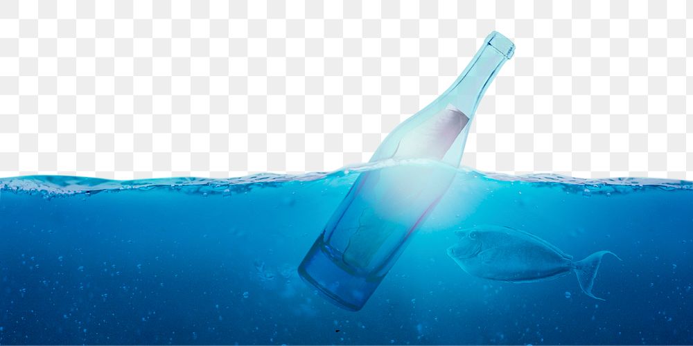 Bottle in ocean png sticker, transparent background