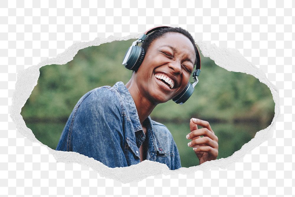 Png woman listening to music sticker, happy lifestyle photo in ripped paper badge, transparent background