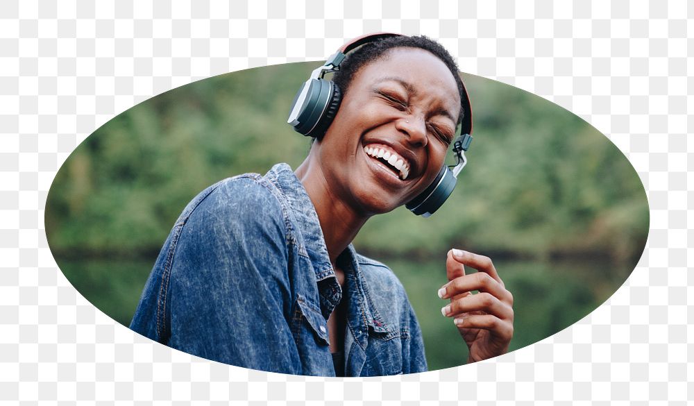 Png woman listening to music sticker, happy lifestyle photo badge, transparent background