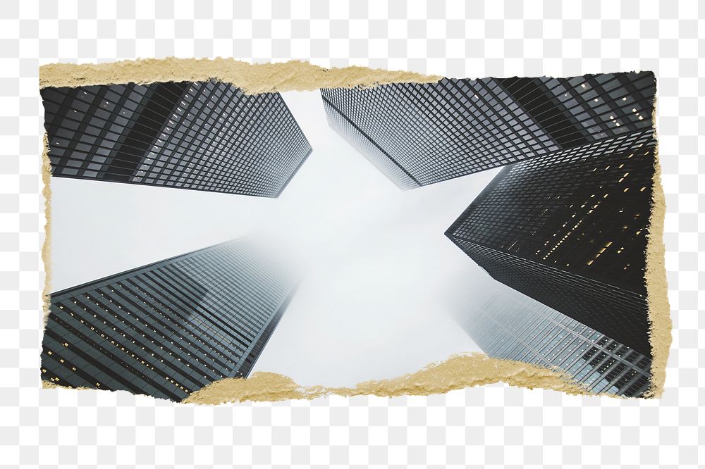 Png skyscraper office buildings sticker, ripped paper, transparent background