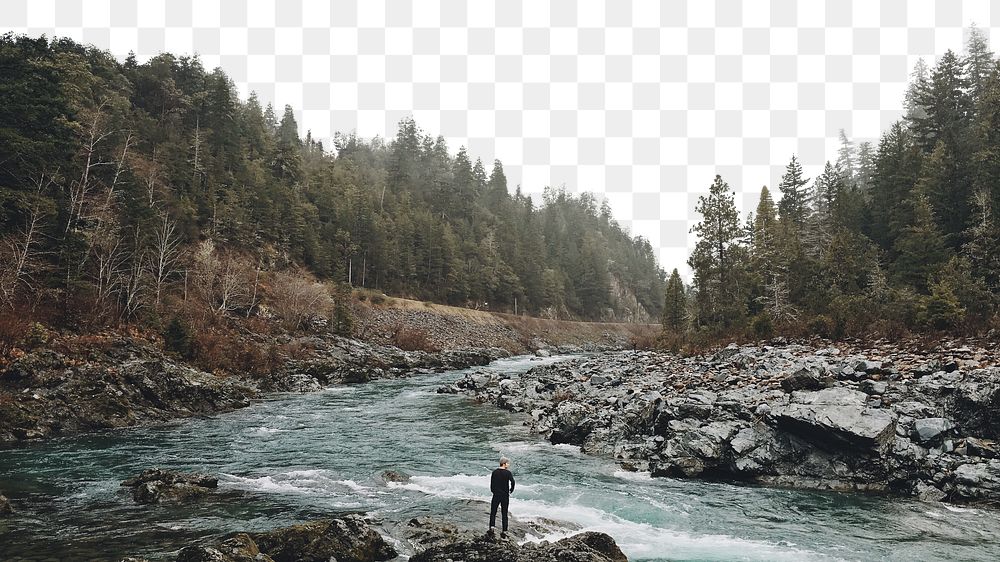 Man at river png border sticker, nature on transparent background