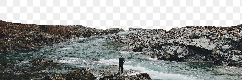 Man at river png border sticker, nature on transparent background