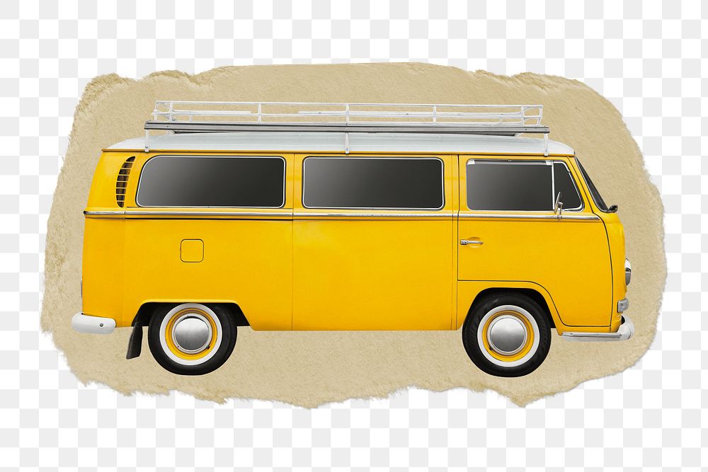 Yellow minivan png ripped paper sticker, retro vehicle, transparent background