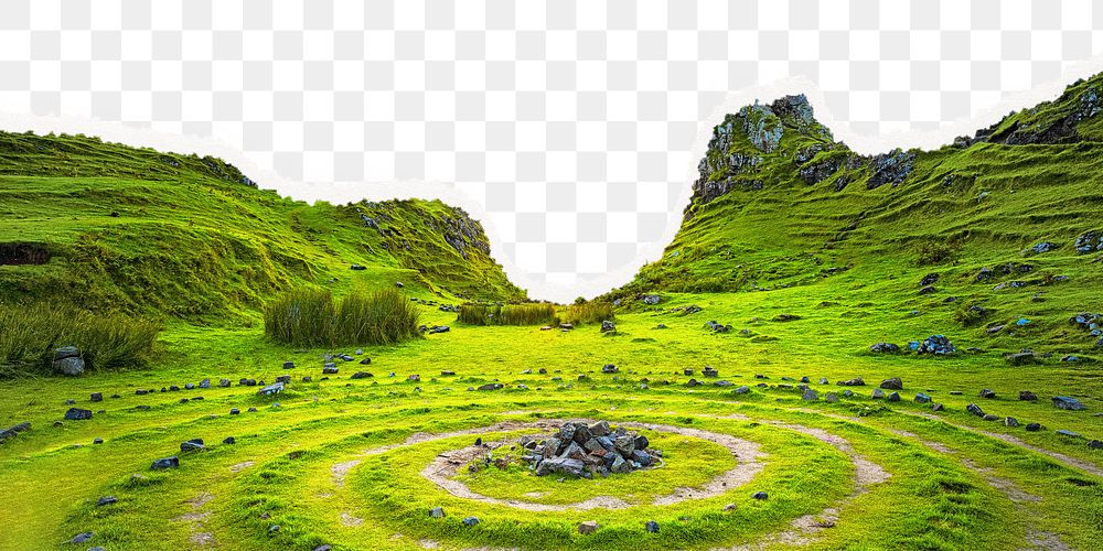 Fairy Glen png border, transparent background, ripped paper, famous Scottish landmark