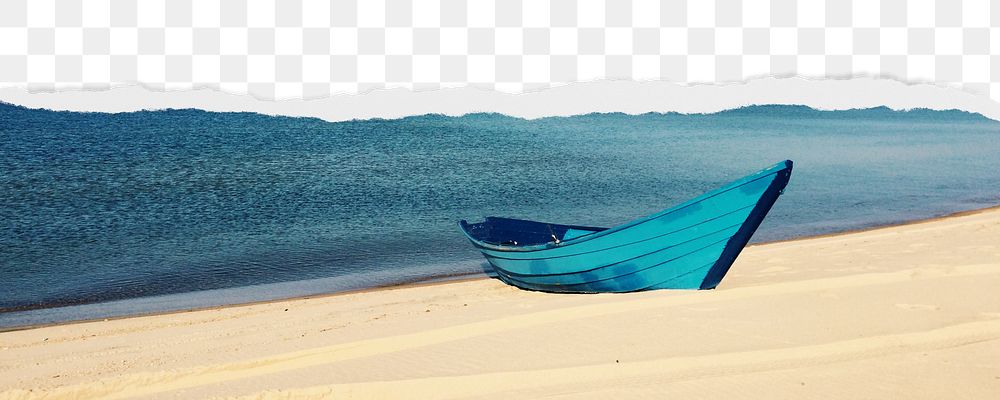 Boat on beach png border, torn paper design, transparent background