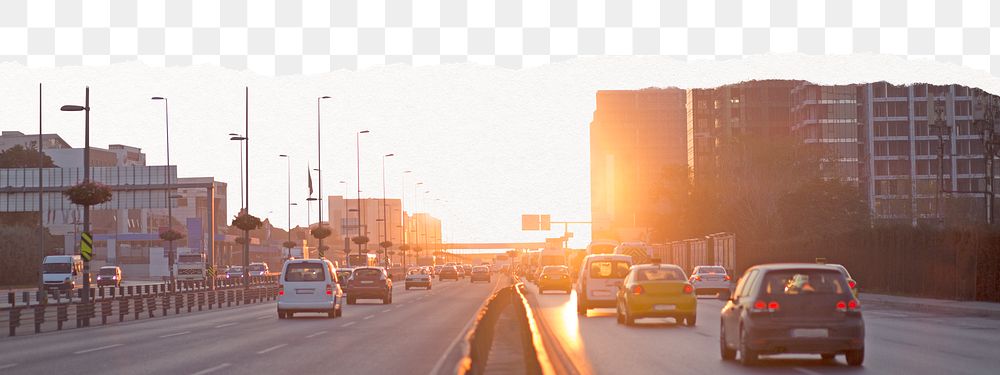 Highway sunset png border, ripped paper, transparent background