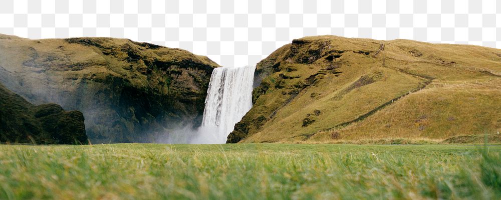 Icelandic waterfall landscape png border, transparent background