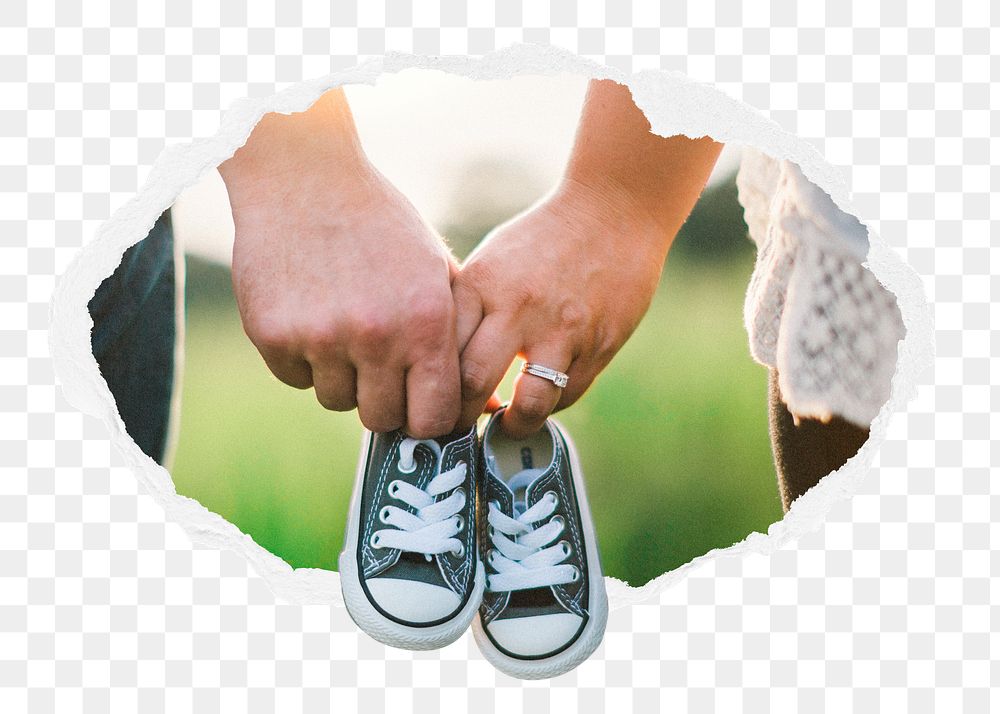 Couple png holding baby shoes sticker, parenthood photo in ripped paper badge, transparent background