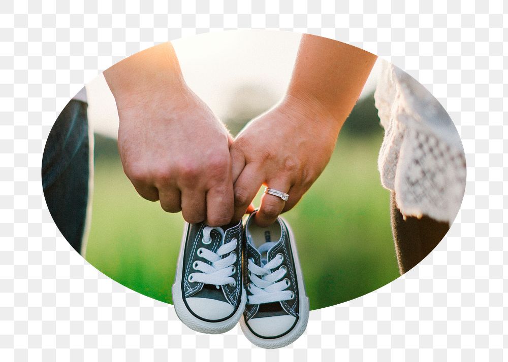 Couple png holding baby shoes badge sticker, parenthood photo, transparent background