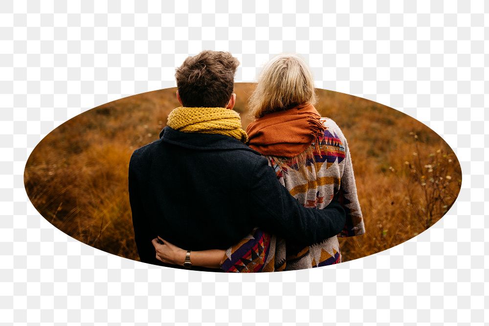 Autumn tourist png couple hugging badge sticker, travel photo, transparent background