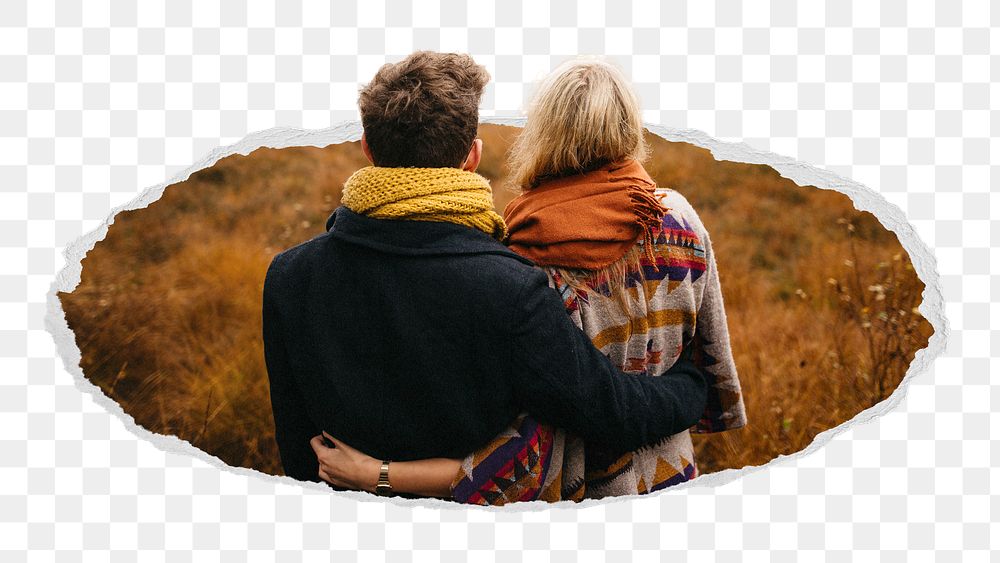 Autumn tourist png couple hugging sticker, travel photo in ripped paper badge, transparent background