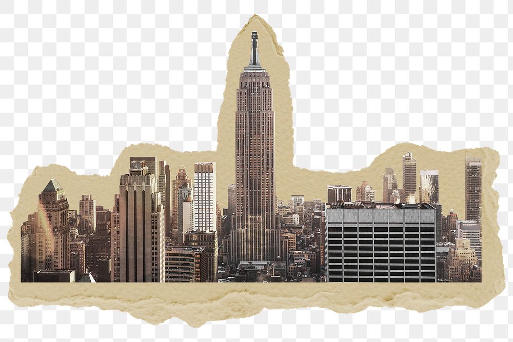 New York cityscape png sticker, ripped paper, transparent background