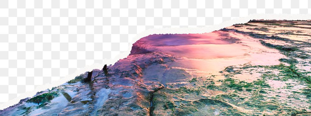 Aesthetic cliff png border, ripped paper, pastel sky reflection, transparent background