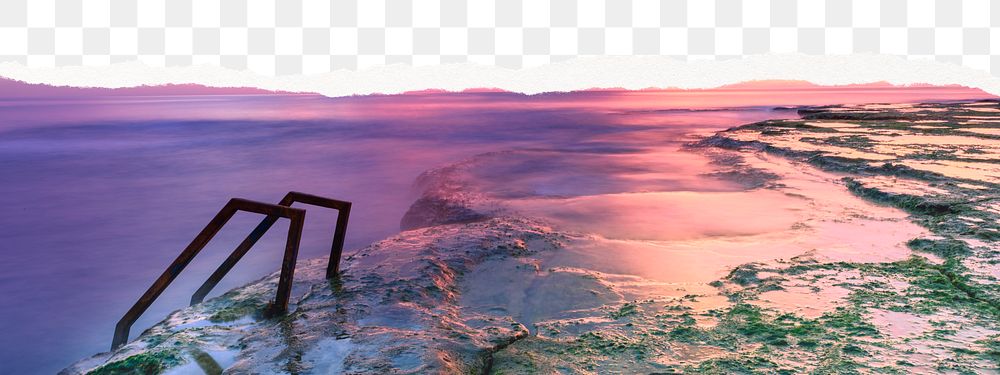 Aesthetic cliff png border, ripped paper, pastel sky reflection, transparent background