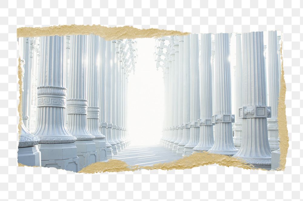 Png aesthetic white pillars sticker, ripped paper, transparent background