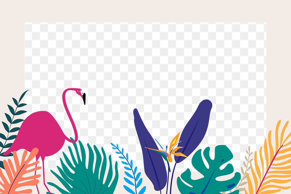 Colorful botanical frame png with tropical flamingo, transparent background 