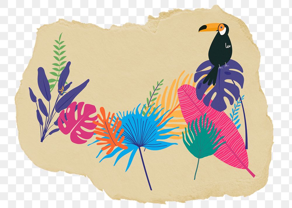 Exotic bird png sticker, ripped paper, transparent background