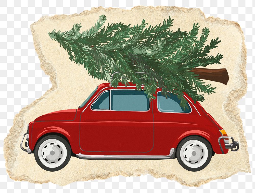 Car with Christmas tree png sticker, ripped paper, transparent background