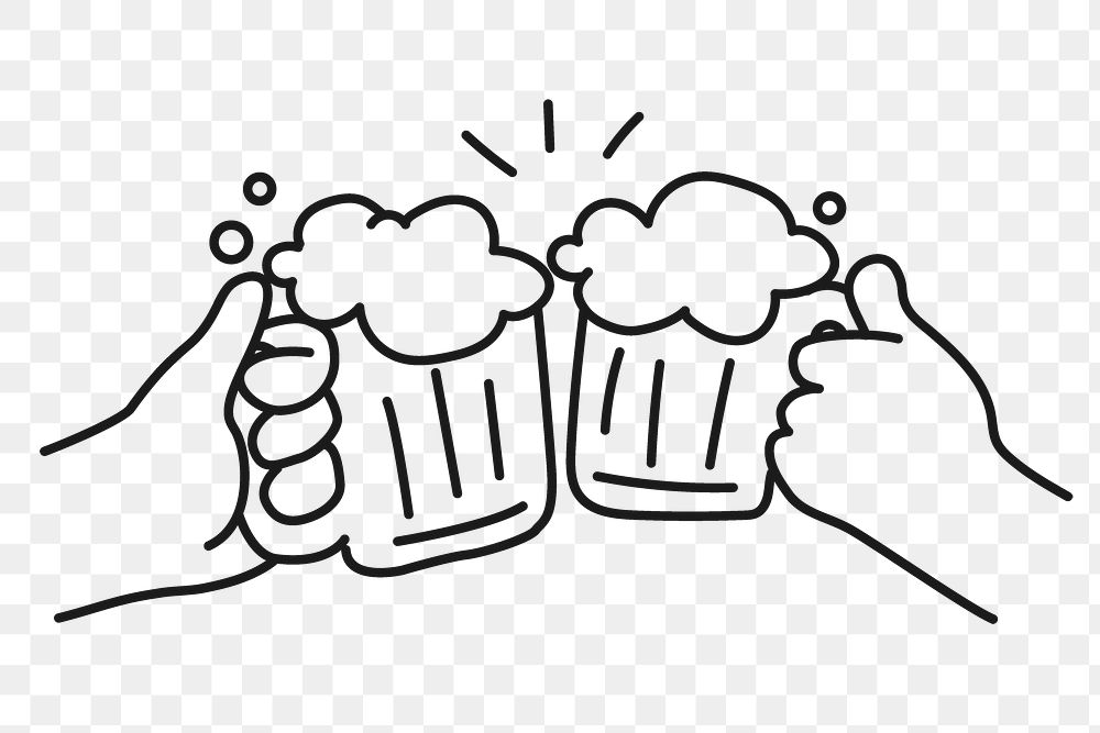 Beers cheering png sticker, celebration line art drawing on transparent background