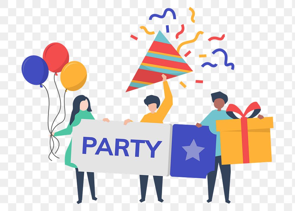 Birthday party illustration png, cartoon characters on transparent background