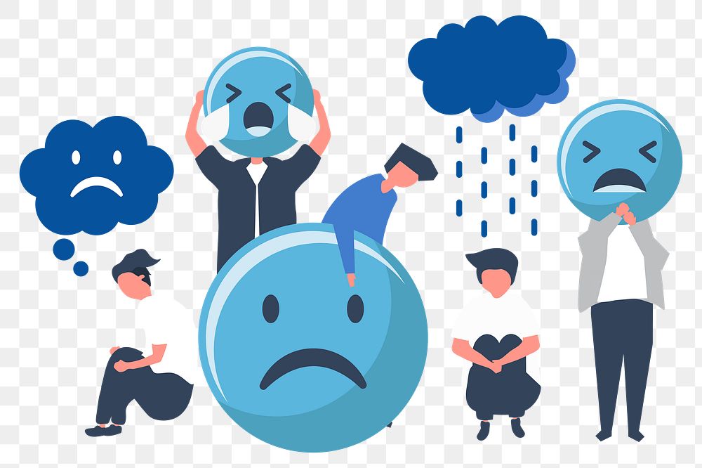 Sad and depressed people illustration png, mental health flat design characters transparent background