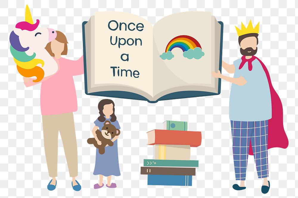 Parents read to kid png, bedtime story flat design character transparent background